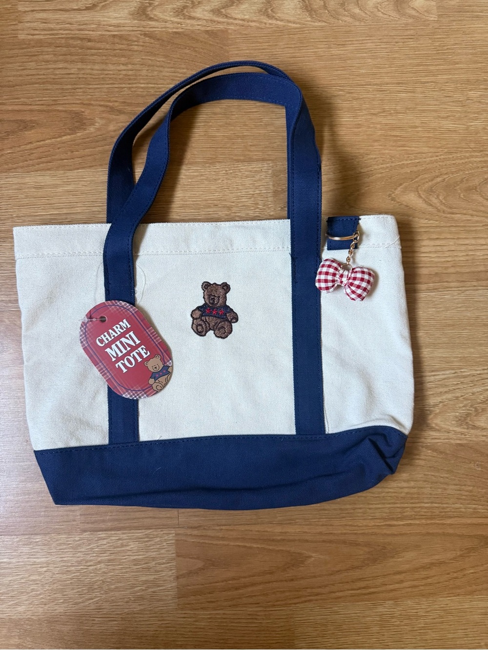 Cream Canvas Mini Tote with Navy Straps and Bear Patch - Picture 5 of 6